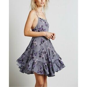 Free People Circle of Flowers Slip Tiered Ruffle Low Back Lace Up Floral Dress